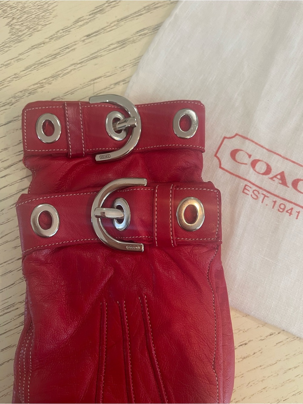 Coach Red Leather Gloves with Silver Buckle Accents